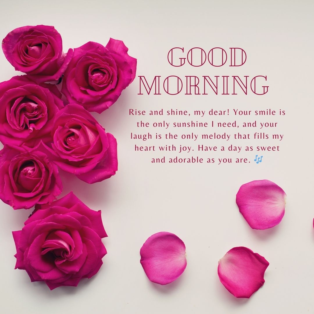 A collection of vibrant pink roses arranged on a white background with the text "Good Morning Paragraphs For Her" and an inspirational quote about sunshine, laughter, and joy.