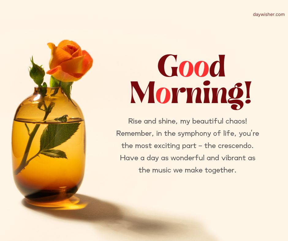 A small glass vase containing an orange rose sits on a plain surface with a text overlay saying "Good Morning Paragraphs For Her" and an inspirational message about life and music.