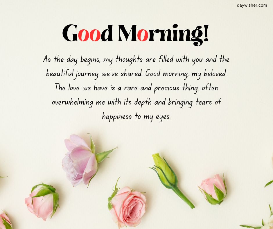 A warm greeting card with the text "Good Morning Paragraphs For Her" over a soft beige background, surrounded by several blooming pink tulips arranged loosely around the page.