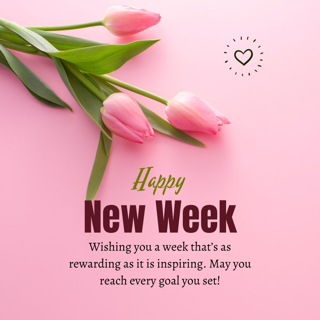 Best Happy New Week Wishes with a background of vibrant pink tulips on a soft pink surface, conveying a message of inspiration and goal achievement.