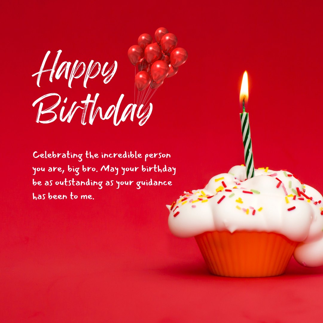 Birthday Greetings for Older Brother featuring a festive cupcake with a single lit candle and red balloons on a vibrant red background, with a message celebrating the guidance of an older brother.