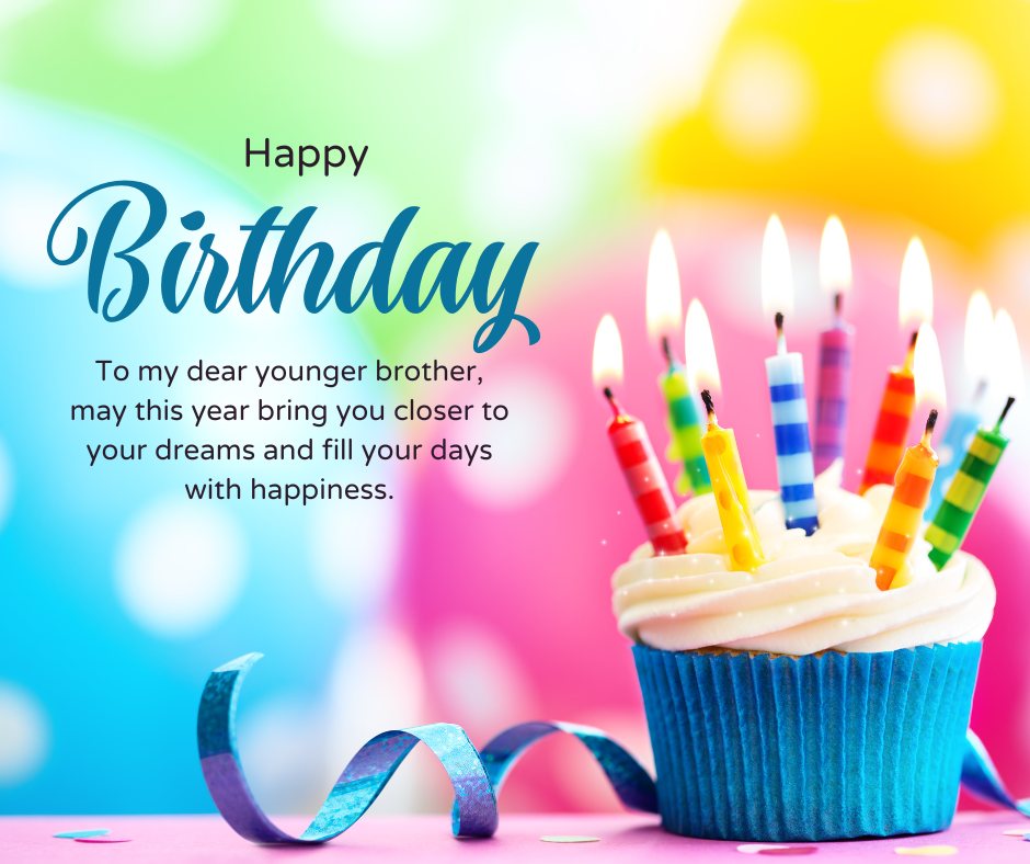 Birthday Greetings for Younger Brother featuring a colorful cupcake adorned with multiple lit candles and vibrant background, conveying heartfelt wishes for dreams and happiness.