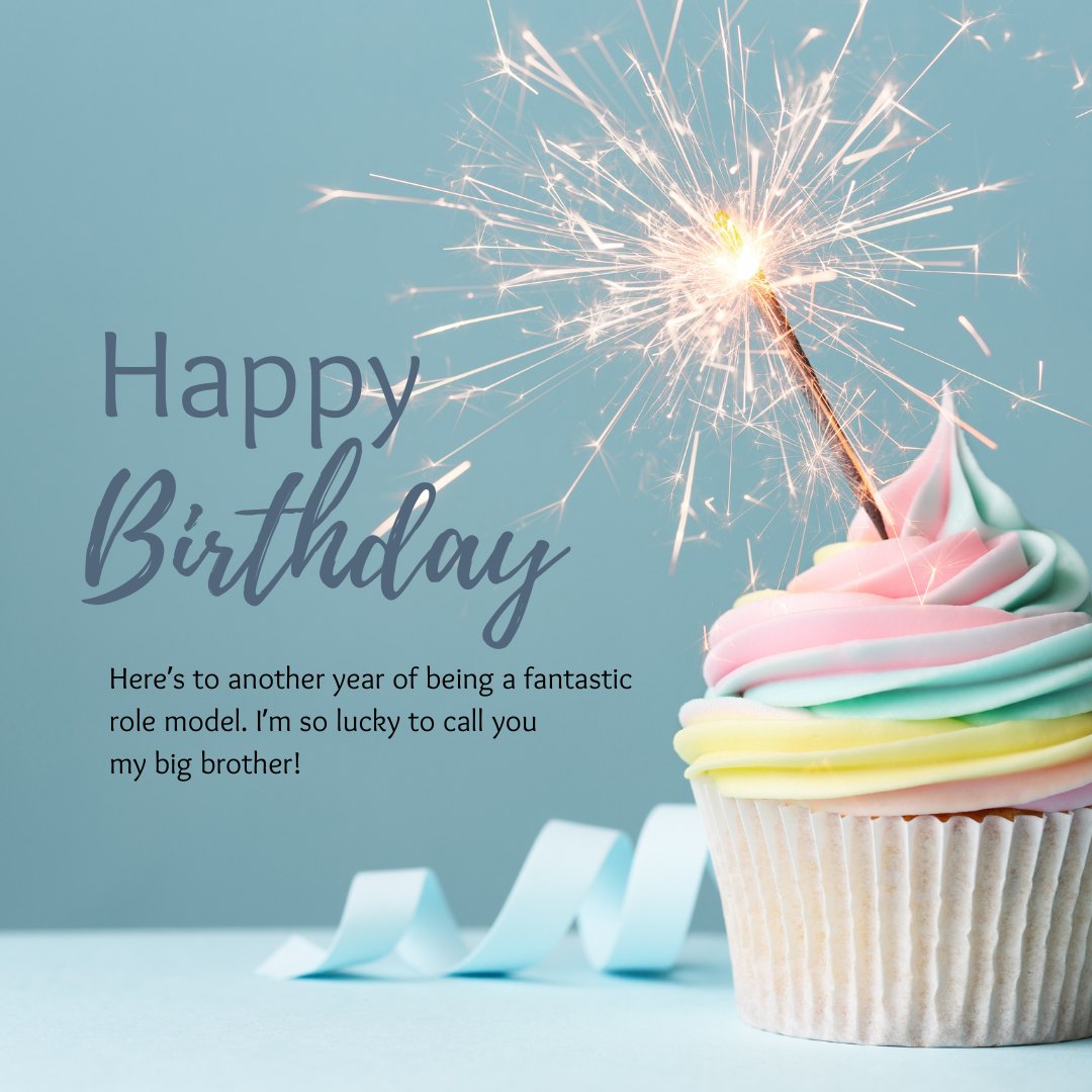 Birthday Wishes for Big Brother featuring a vibrant cupcake with pastel-colored frosting and a sparkling candle, accompanied by a message celebrating him as a role model, set against a soothing teal background.