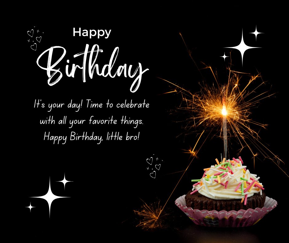 Birthday Wishes for Younger Brother featuring a sparkler burning brightly atop a cupcake with colorful sprinkles, set against a black background with a heartfelt birthday message.