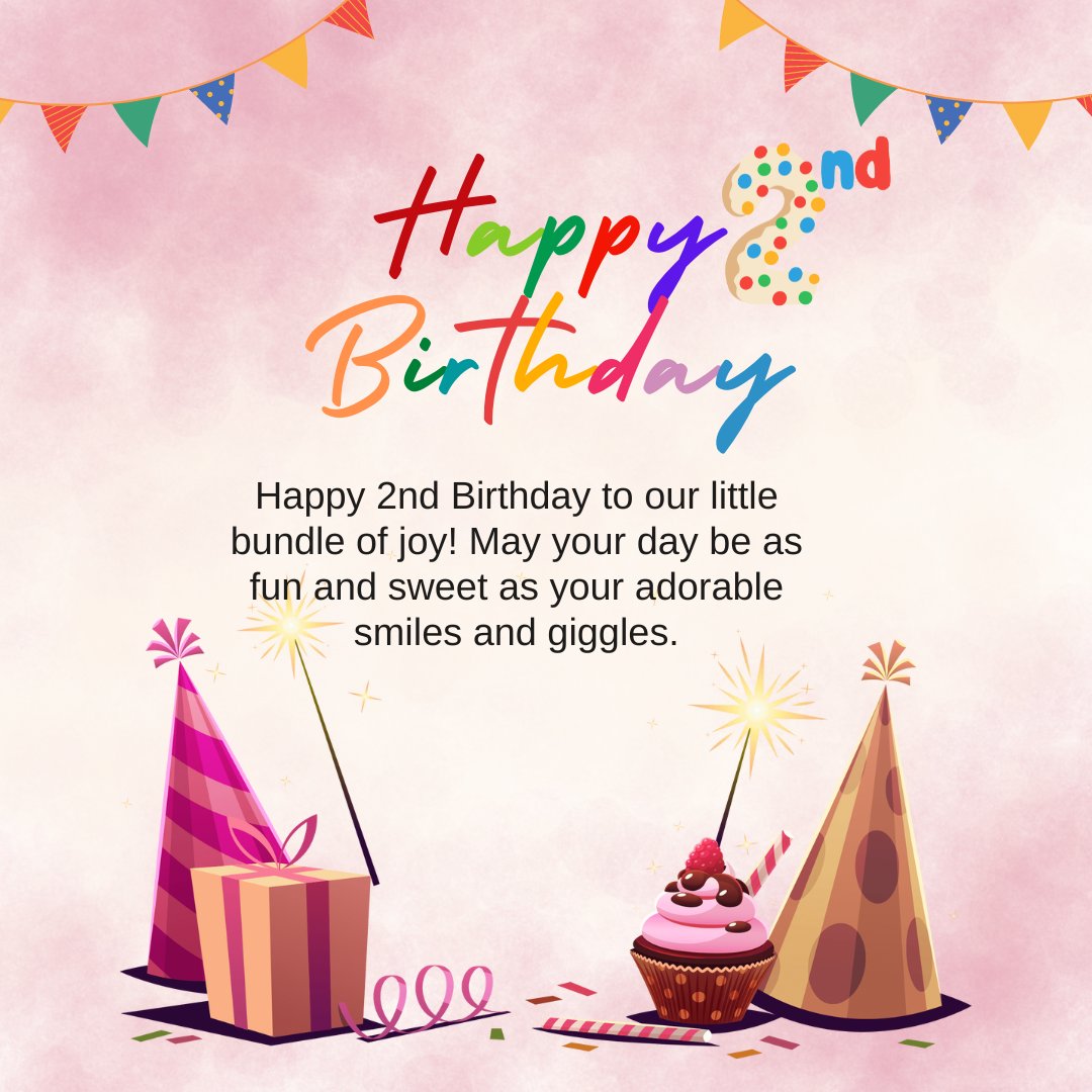 Birthday wishes for a baby boy’s second birthday, featuring a colorful and joyful design with party hats, cupcakes, and gifts. The image includes a sweet message wishing the little boy a fun and delightful celebration filled with smiles and giggles.