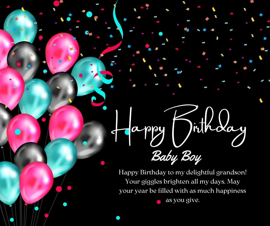 Birthday wishes to a baby boy from Grandma, featuring a joyful message on a black background with colorful balloons and confetti. The image expresses the grandmother's love and happiness, wishing her grandson a year filled with joy and laughter.