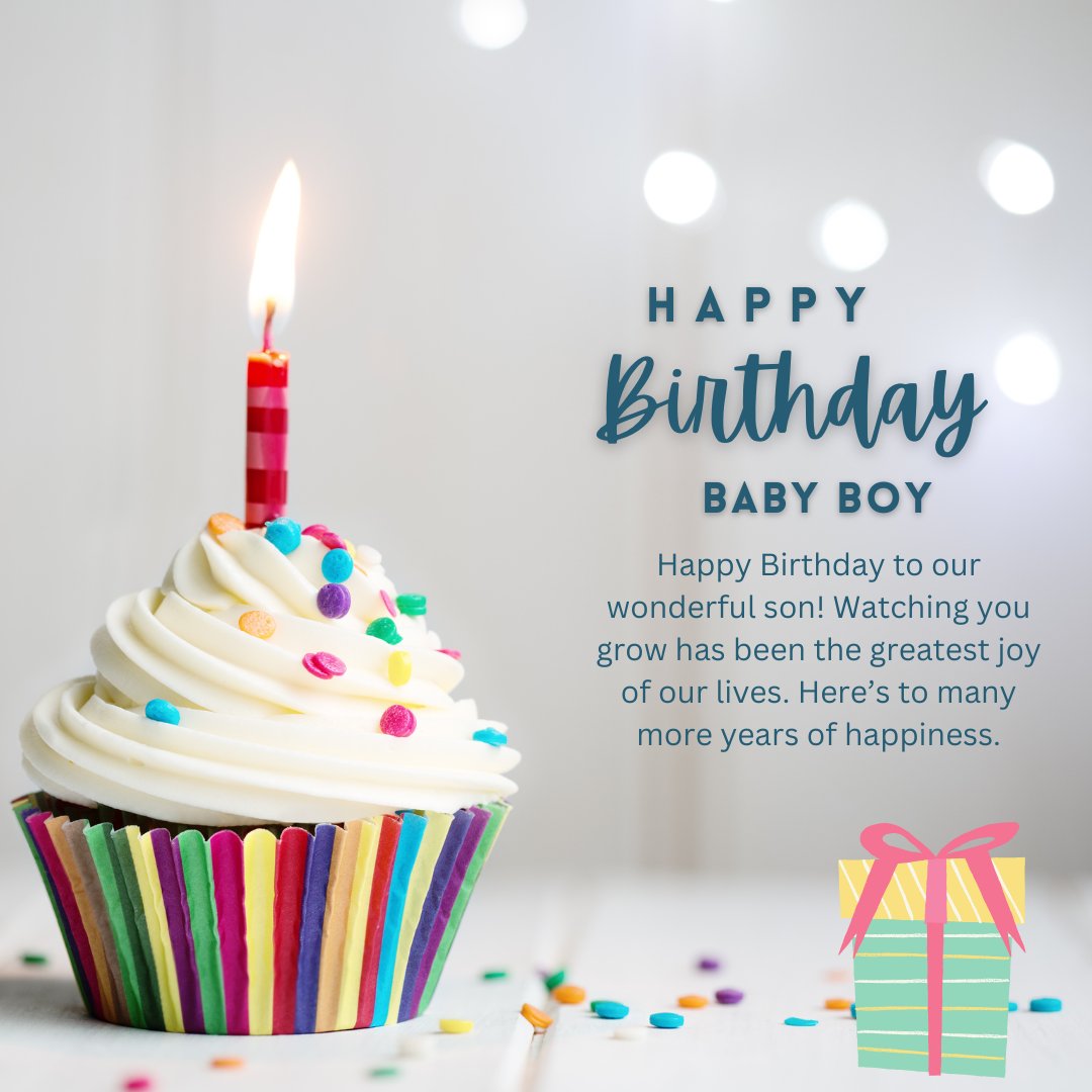 Birthday wishes to a baby boy from his parents, featuring a colorful cupcake with a lit candle and festive decorations. The image includes a heartfelt message celebrating the joy of watching their son grow, with hopes for many more years of happiness.