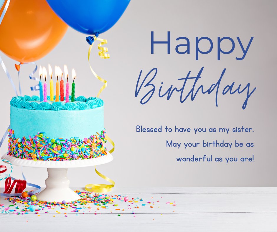 A vibrant birthday celebration scene featuring a blue frosted cake adorned with colorful sprinkles and lit candles, flanked by orange and blue balloons and festive ribbons, perfect for expressing blessing birthday wishes for sister from sister.