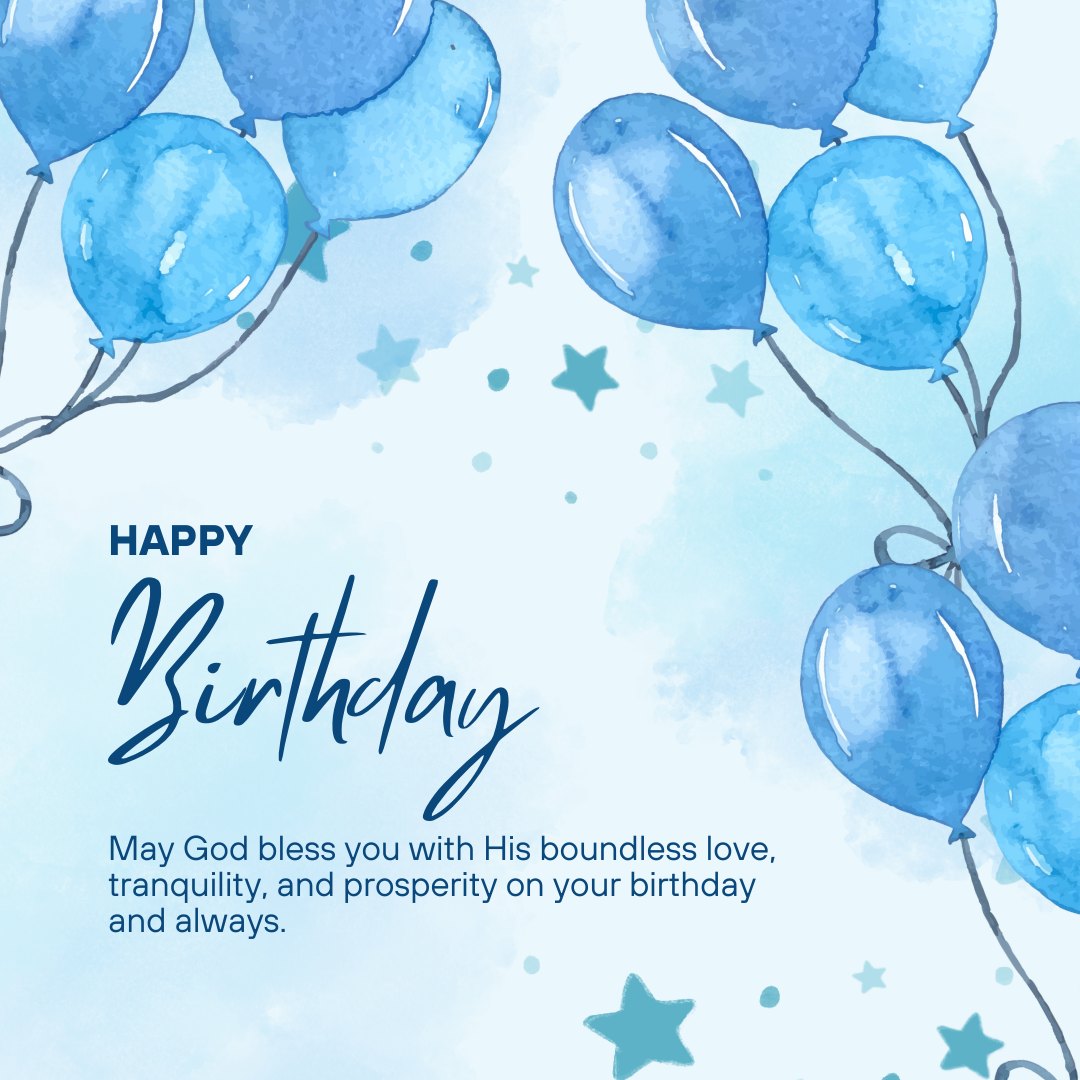 Watercolor style birthday card with sky blue balloons and subtle star accents, featuring a Christian birthday wish for a sister, invoking God's blessings of love, tranquility, and prosperity.