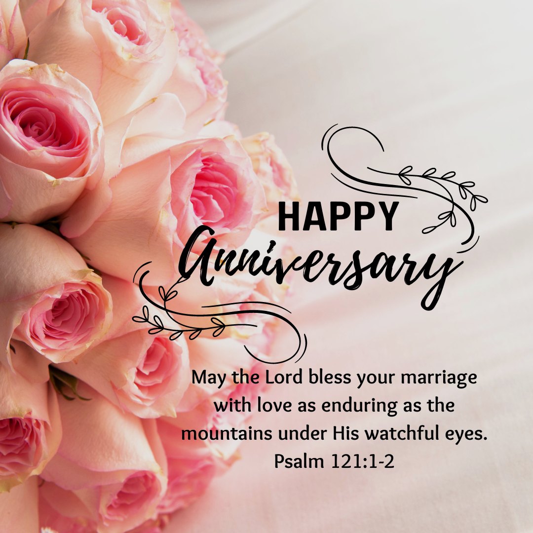 Christian Wedding Anniversary Wishes with Bible Verses on a beautiful card surrounded by soft pink roses, featuring a scriptural blessing from Psalm 121:1-2 for enduring love.