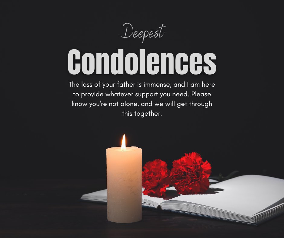 Evocative image featuring a lit candle beside vibrant red carnations and an open notebook on a dark background with the message 'Deepest Condolences'. This scene beautifully captures the essence of comforting messages to a spouse for the death of a father, offering a symbol of warmth, support, and shared memories.