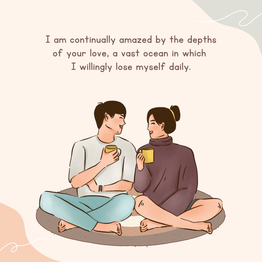 Deep Love Message illustrated by a cozy image of a couple sitting cross-legged, sharing a moment with coffee, expressing profound admiration and connection.