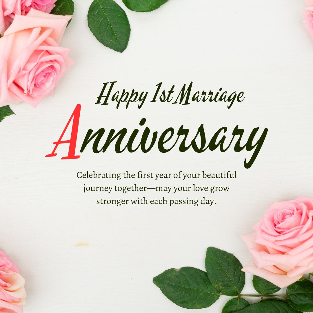 Happy 1st Marriage Anniversary card with a message celebrating the first year of a beautiful journey together, surrounded by pink roses and green leaves on a white background.