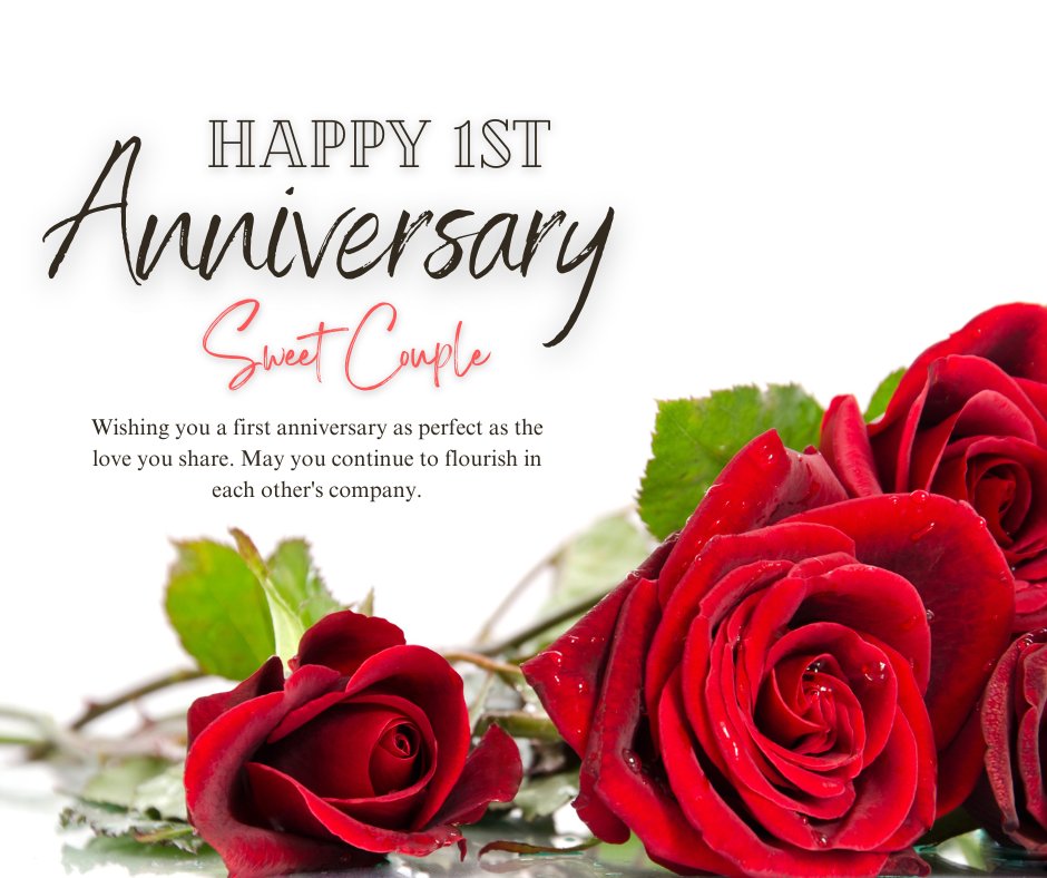 Happy 1st Anniversary Sweet Couple card featuring heartwarming first anniversary wishes with vibrant red roses on a white background, symbolizing deep love and continued growth together.