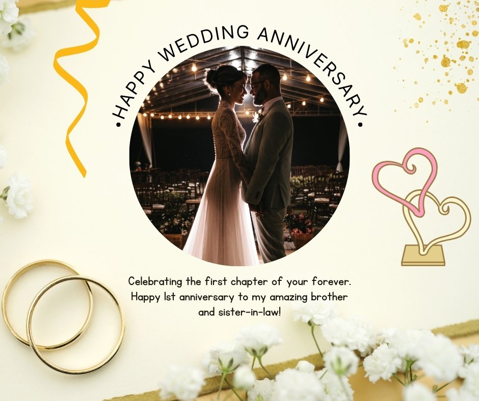 Heartfelt Happy 1st Wedding Anniversary Wishes for Brother featuring an elegant couple embracing on their special day, surrounded by romantic decorations including gold confetti and white flowers, with wedding rings prominently displayed.