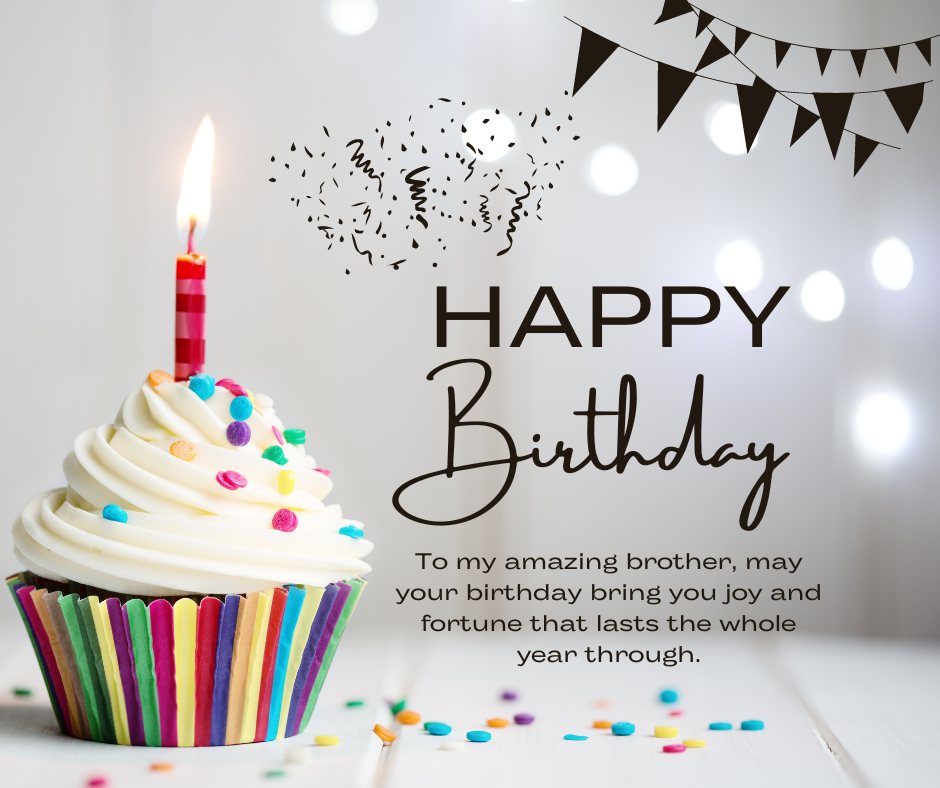 Happy Birthday Brother Messages with a colorful cupcake topped with white frosting, sprinkles, and a lit red candle, set against a festive background with confetti and birthday bunting.