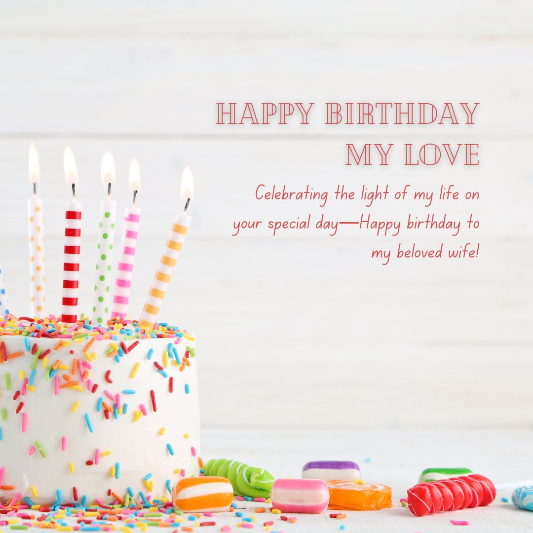 Happy Birthday Wishes for Wife on a festive greeting card with a beautifully decorated cake topped with colorful candles and sprinkles, accompanied by heartfelt text celebrating a beloved wife's special day.