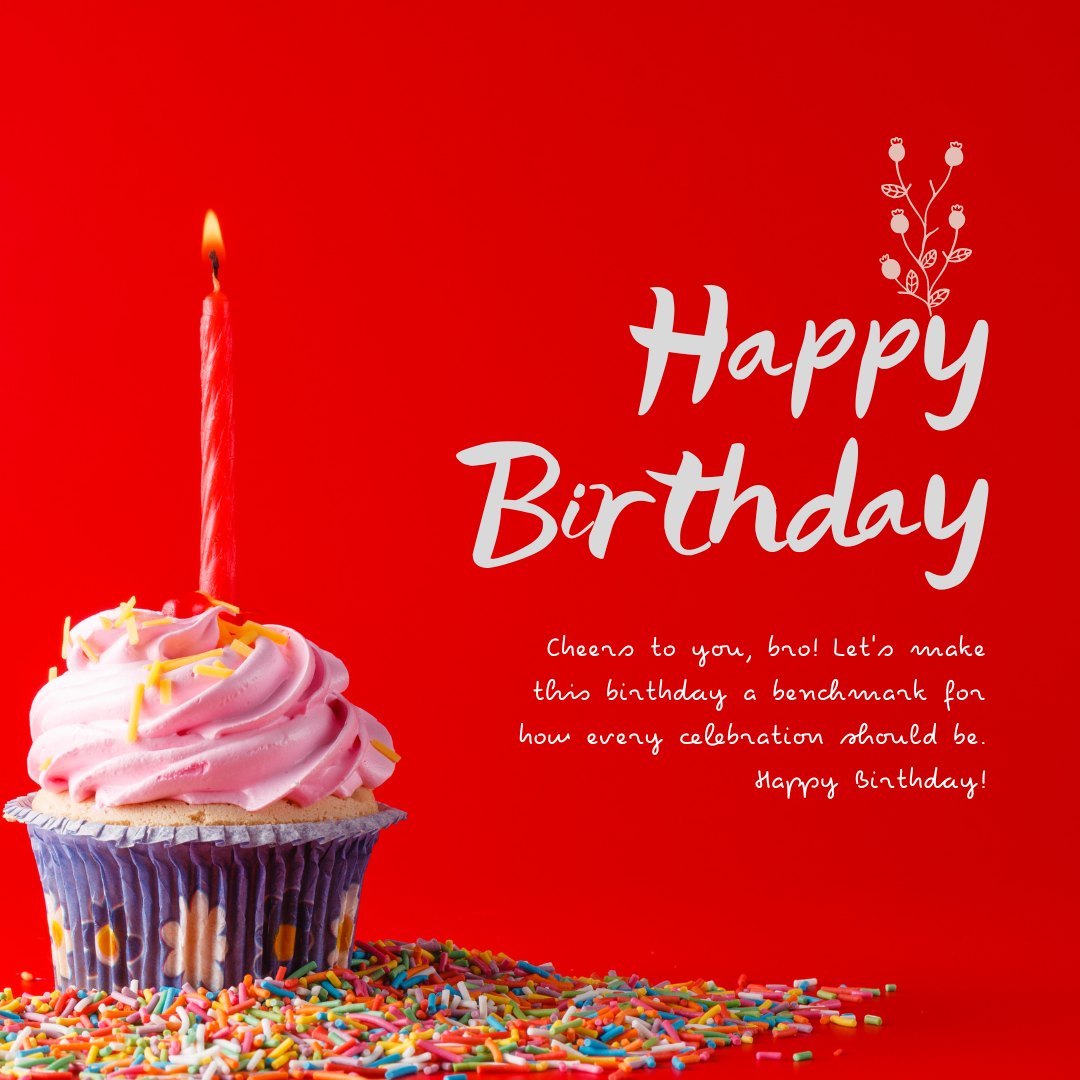 Happy Birthday Wishes from Brother to Brother featuring a vibrant cupcake with pink frosting and a lit red candle on a striking red background, conveying a festive and heartfelt message.