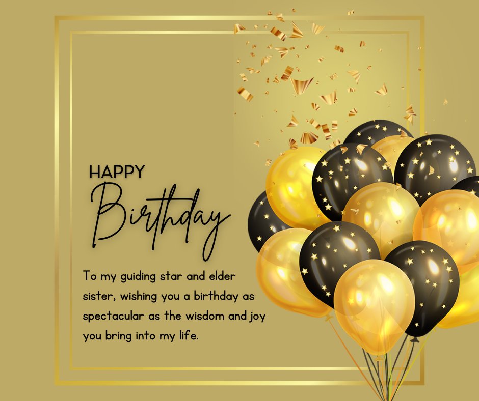 Golden birthday greeting card with elegant black and gold balloons and festive confetti, ideal for conveying heart-touching happy birthday wishes for an elder sister.