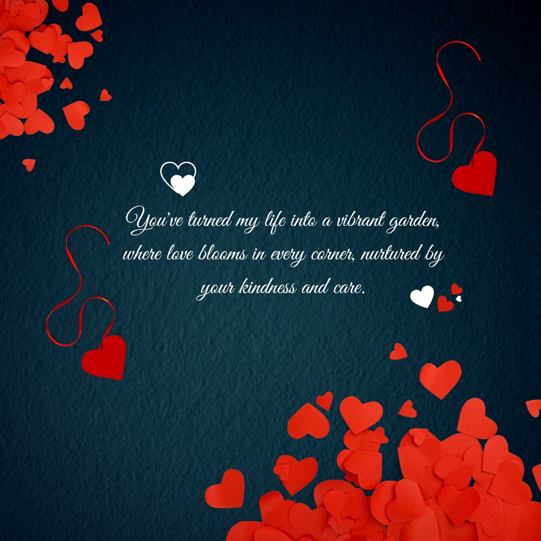 Heart Touching Love Message depicted on a dark teal background with red and white hearts, featuring a romantic quote about life being like a vibrant garden filled with love.