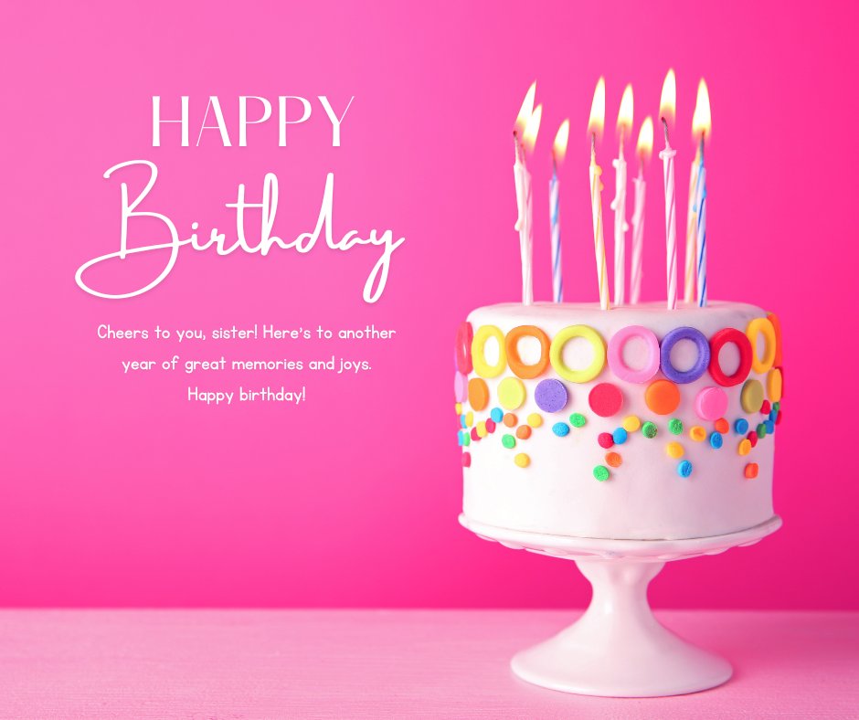 A colorful birthday cake adorned with vibrant polka dots and lit candles against a bright pink background, paired with a message of heartwarming happy birthday wishes for a sister.