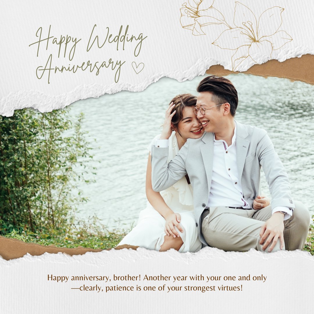 Hilarious Wedding Anniversary Wishes for Brother featuring a cheerful couple by the lake, with the brother grinning as his wife playfully messes up his hair, captioned with a witty remark about patience being a virtue.