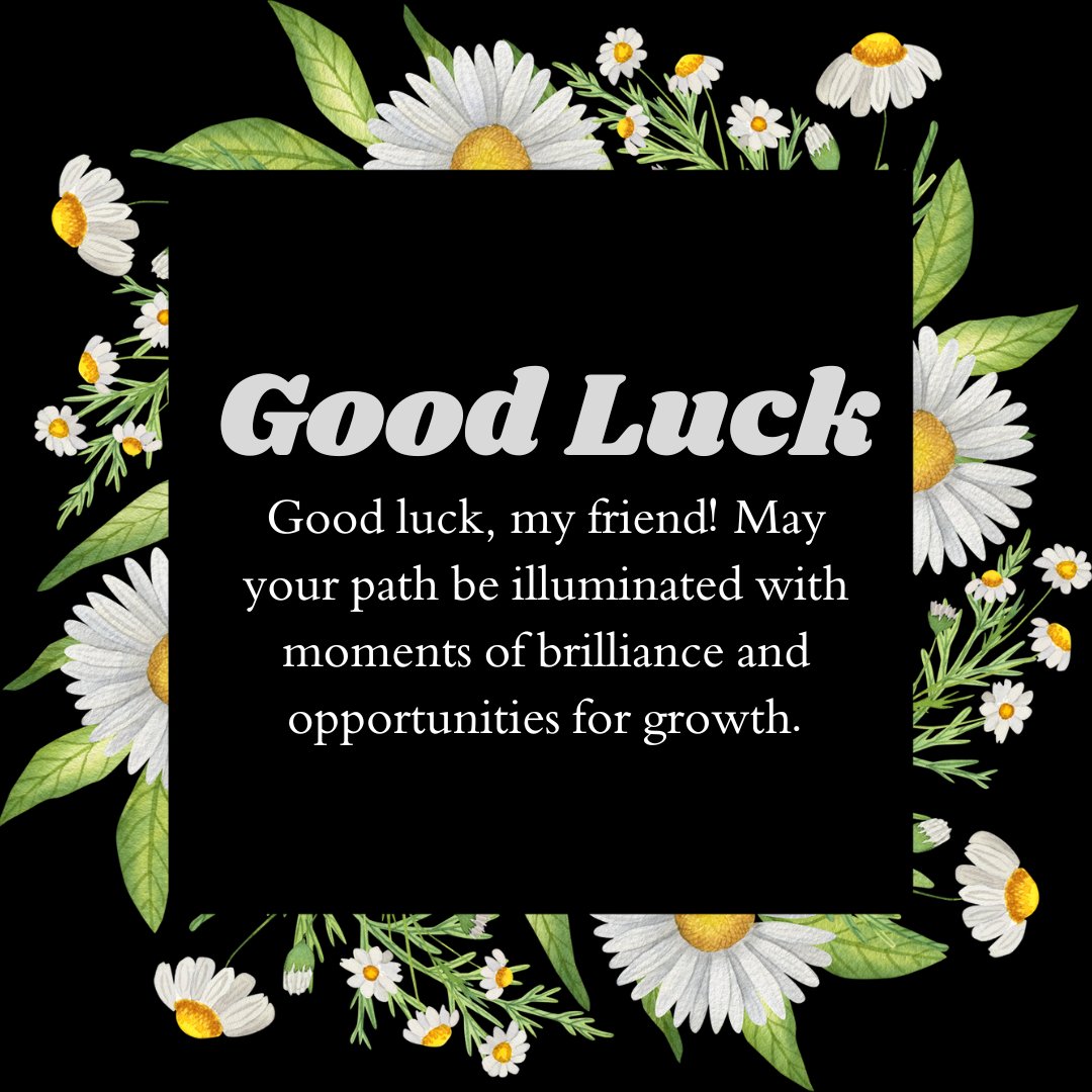 Good Luck card framed by white daisies on a black background with an inspiring message for a friend, perfect for Inspiring Good Luck Wishes For Friend.