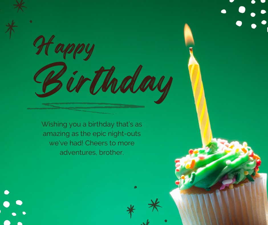 Interesting Happy Birthday Messages for Brother featuring a colorful cupcake with a lit yellow candle on a vibrant green background, accompanied by a playful message celebrating shared adventures.