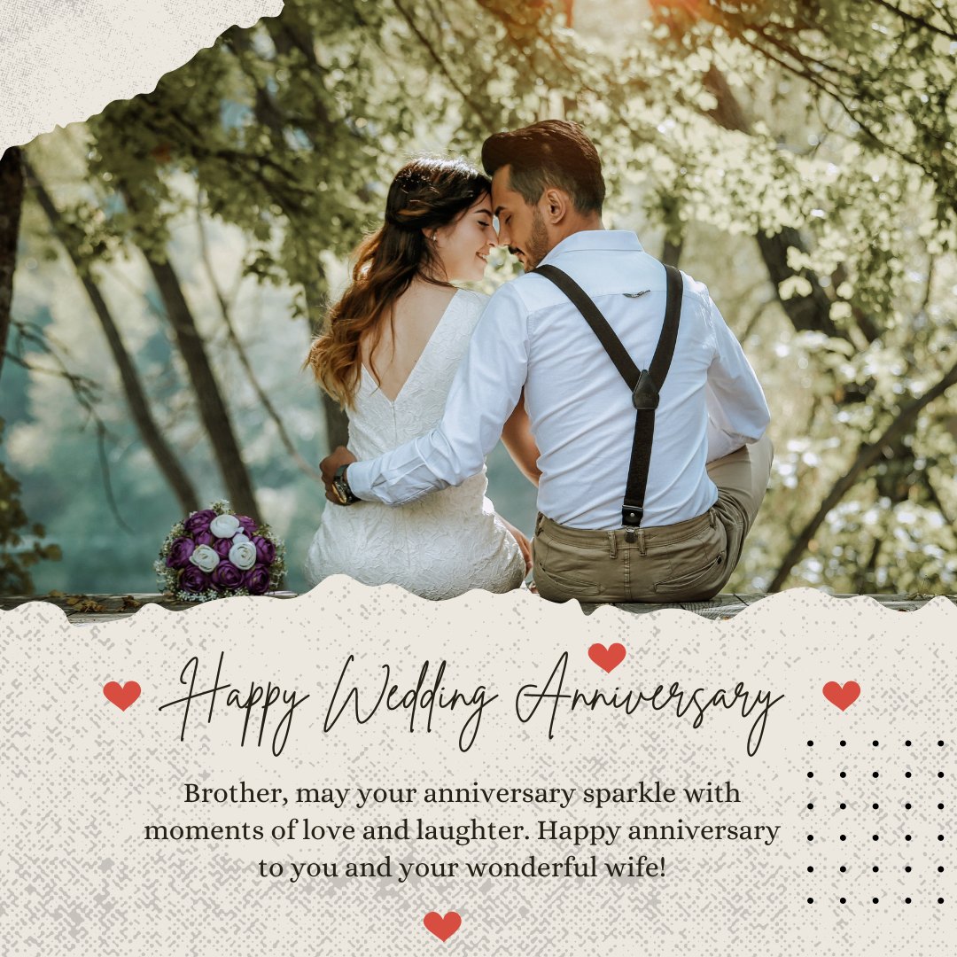 Joyous Wedding Anniversary Wishes for Brother featuring a couple seated back-to-back in a lush forest setting, the bride in a white dress and the groom in suspenders, sharing a tender moment near a bouquet of purple flowers.