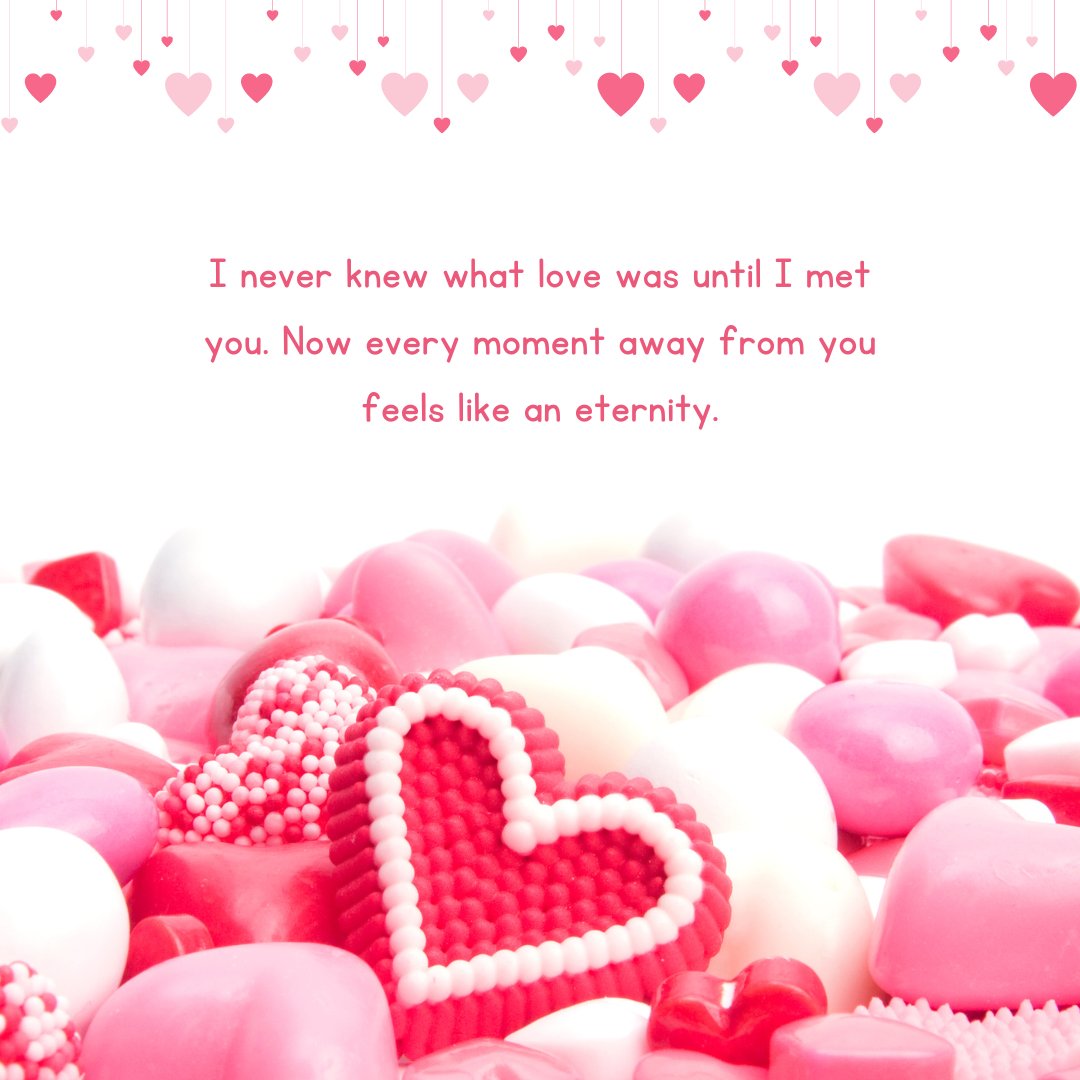 Love Text displayed on a vibrant background filled with pink and red hearts and candies, accompanied by a romantic quote expressing how love was discovered.