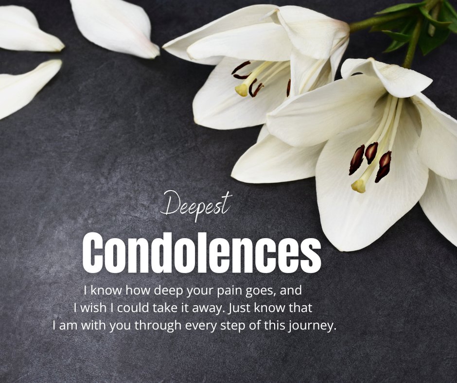 Deepest Condolences card with heartfelt message and white lilies on a dark grey background, offering comforting messages to a spouse for the loss of a mother.