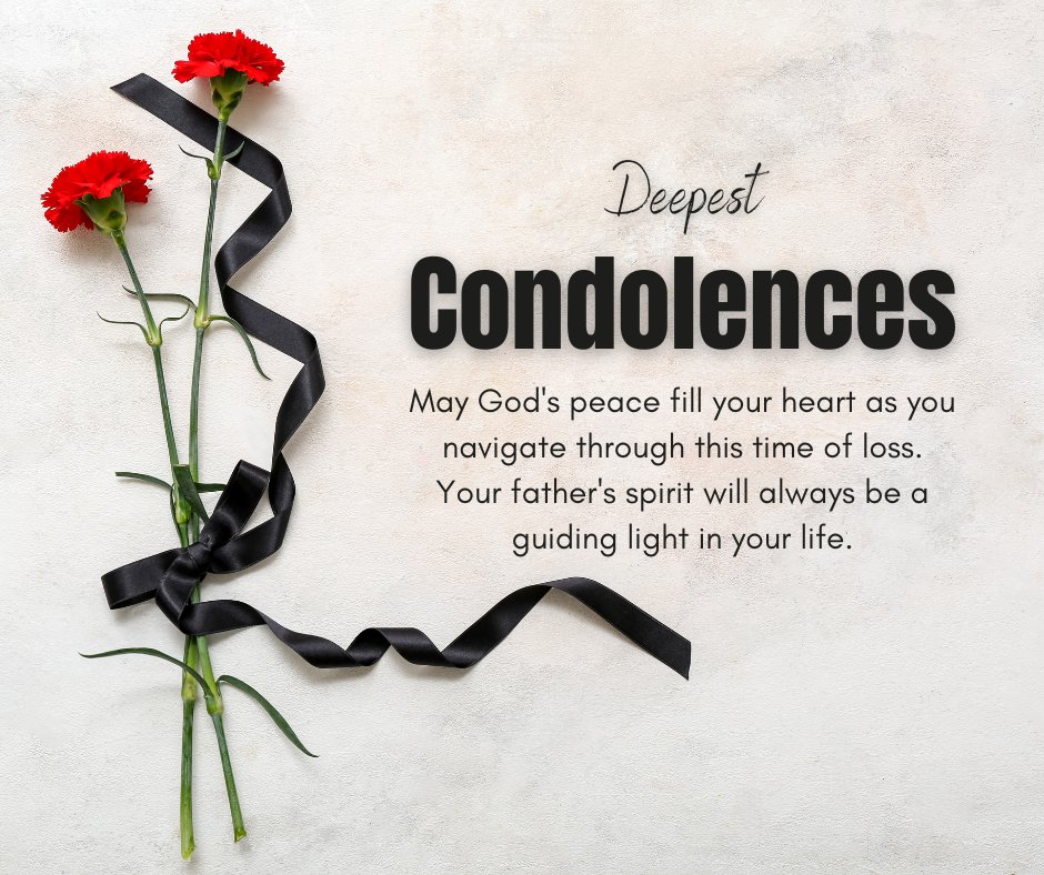 An image displaying two vibrant red carnations intertwined with a black ribbon on a textured cream background, accompanied by the text 'Deepest Condolences'. This visually represents religious messages to comfort the bereaved on the death of a father, highlighting themes of spiritual peace and eternal guidance.