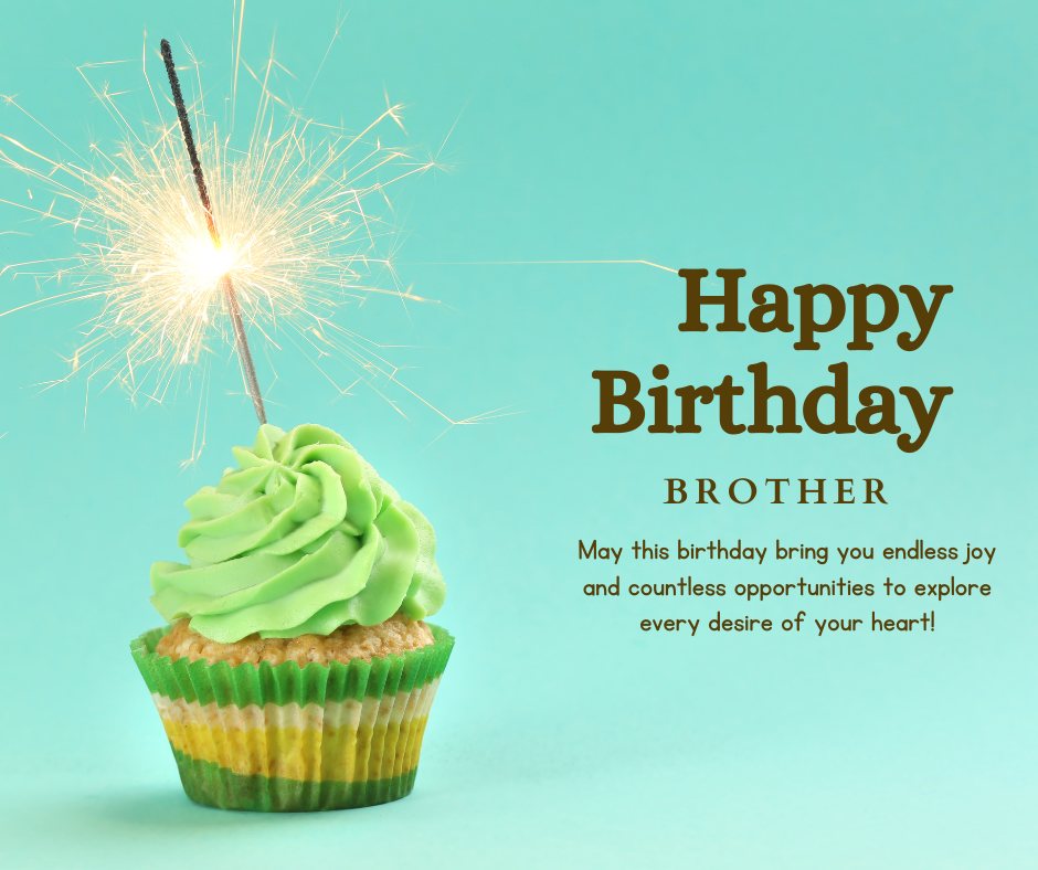 Simple Birthday Wishes for Brother featuring a green frosted cupcake with a sparkling candle on a teal background, accompanied by a heartfelt birthday message.