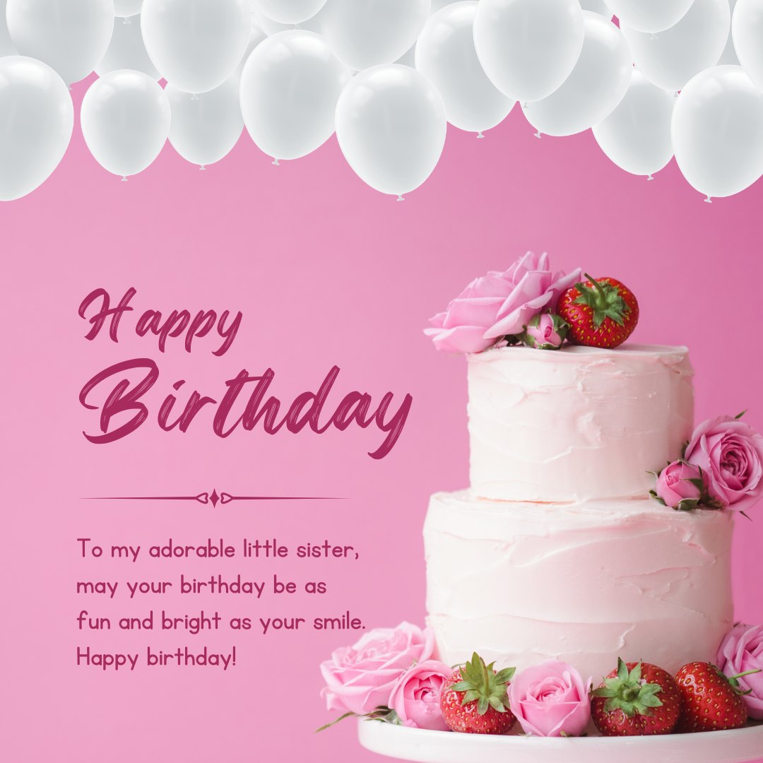 Elegant pink-themed birthday setup with a two-tier cake decorated with fresh strawberries and pink roses, under a cluster of white balloons, perfect for sweet birthday messages for a little sister.