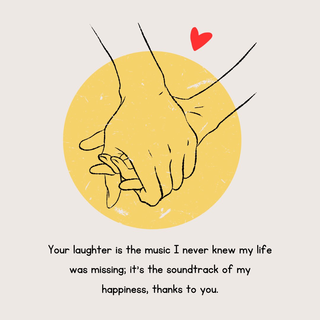 Sweet Love Message featuring two hands intertwined against a yellow circle backdrop, with a heartfelt quote about laughter being the music of happiness, illustrated with a small red heart.