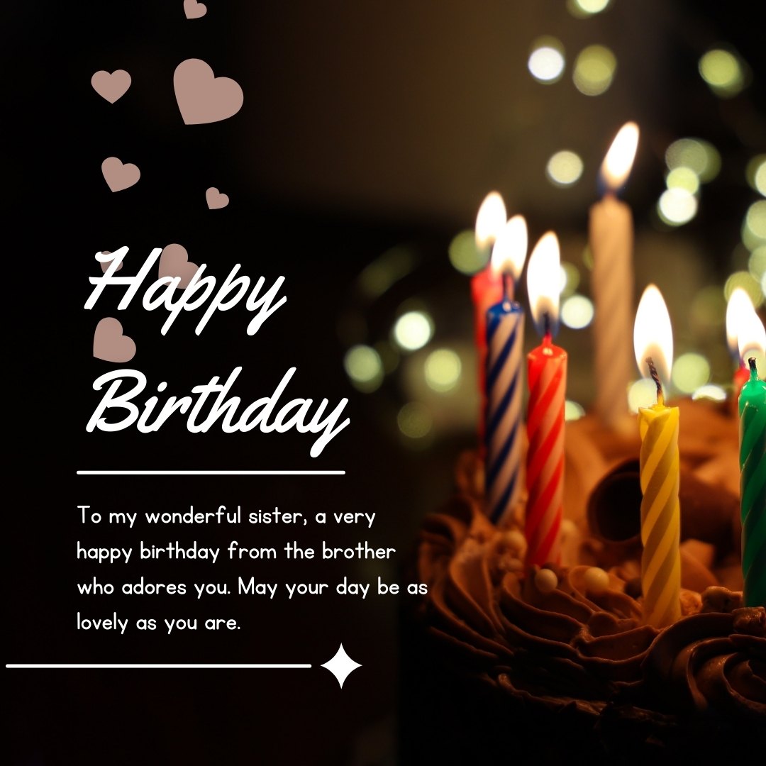 Close-up of a birthday cake with lit colorful candles and heart decorations, capturing the essence of thoughtful birthday messages for a sister from her brother, set against a softly blurred background of twinkling lights.