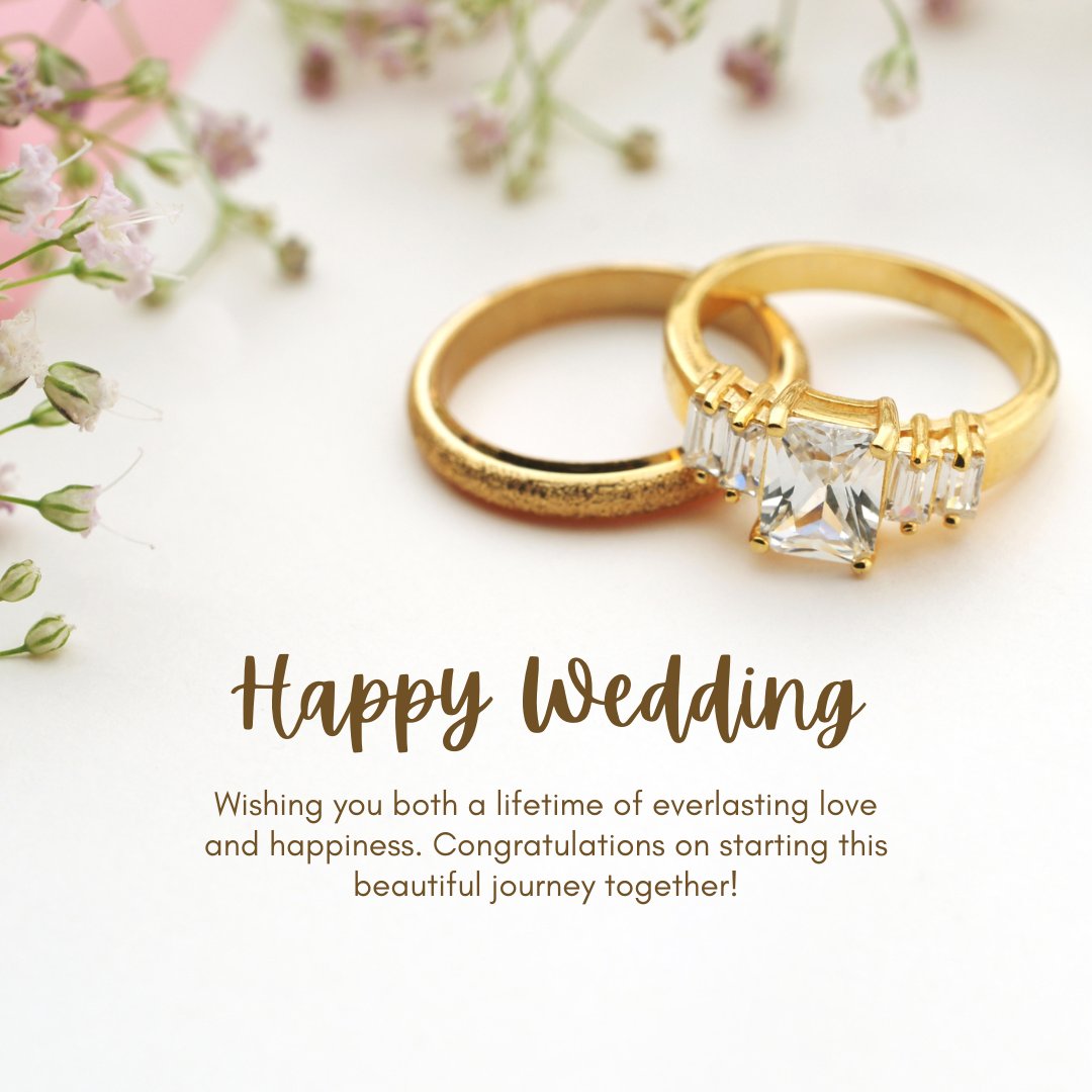 Touching Happy Married Life Messages for Friends featuring elegant gold wedding rings with a large diamond and delicate pink flowers on a soft white background, with heartfelt congratulations on a beautiful journey together.