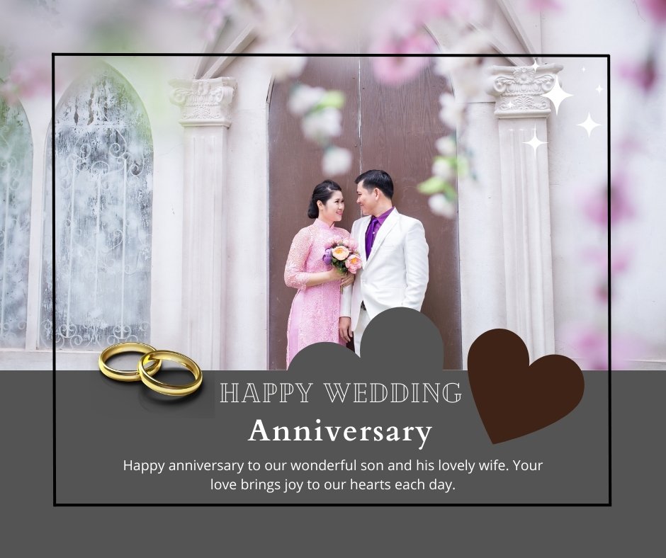 Endearing Happy Wedding Anniversary Messages for Brother from Parents featuring a couple in traditional attire standing by ornate pillars, smiling lovingly at each other, with wedding rings prominently displayed in the foreground.