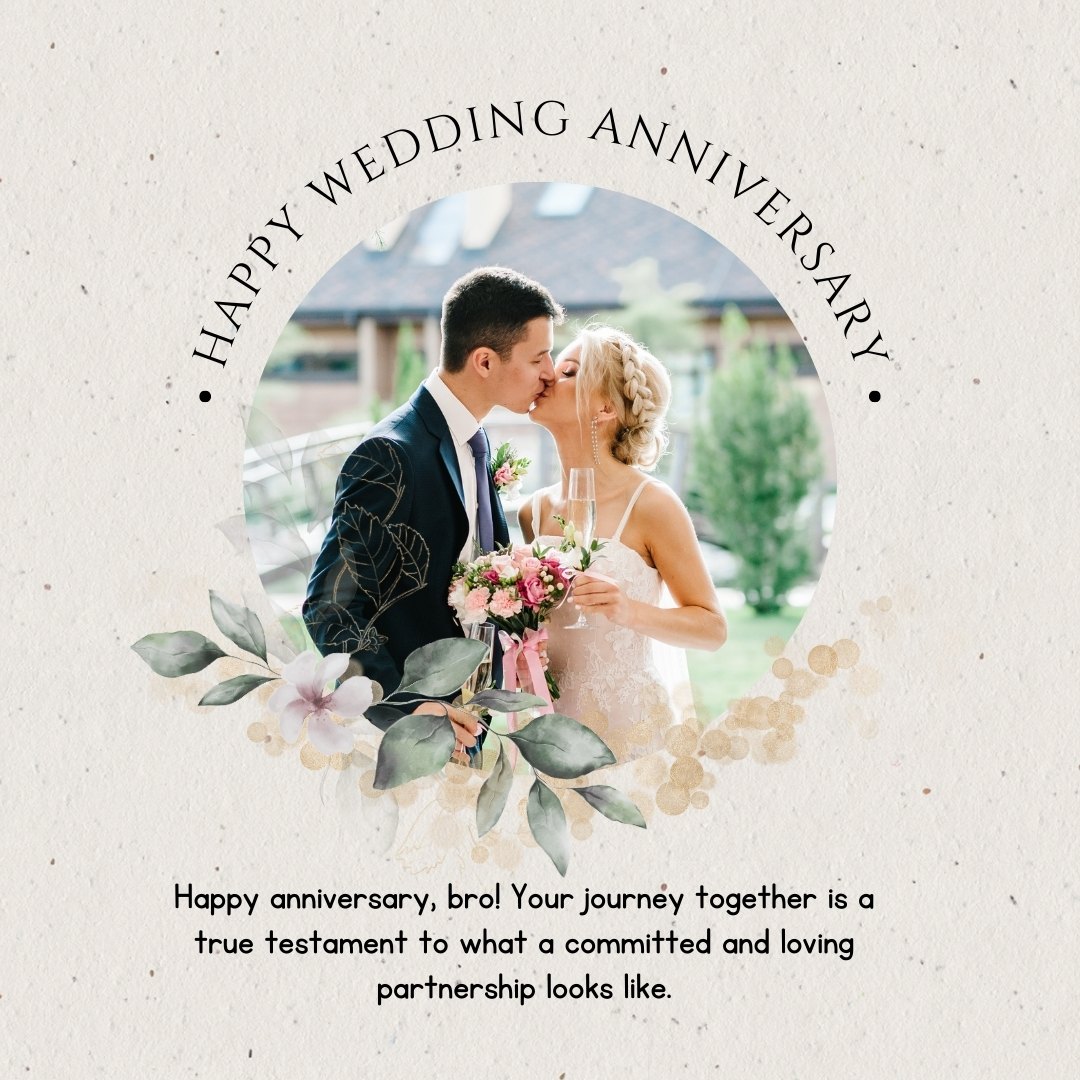 Sentimental Happy Wedding Anniversary Wishes for Brother from Brother featuring a newlywed couple kissing tenderly while holding champagne glasses, surrounded by elegant floral decorations in a romantic setting.