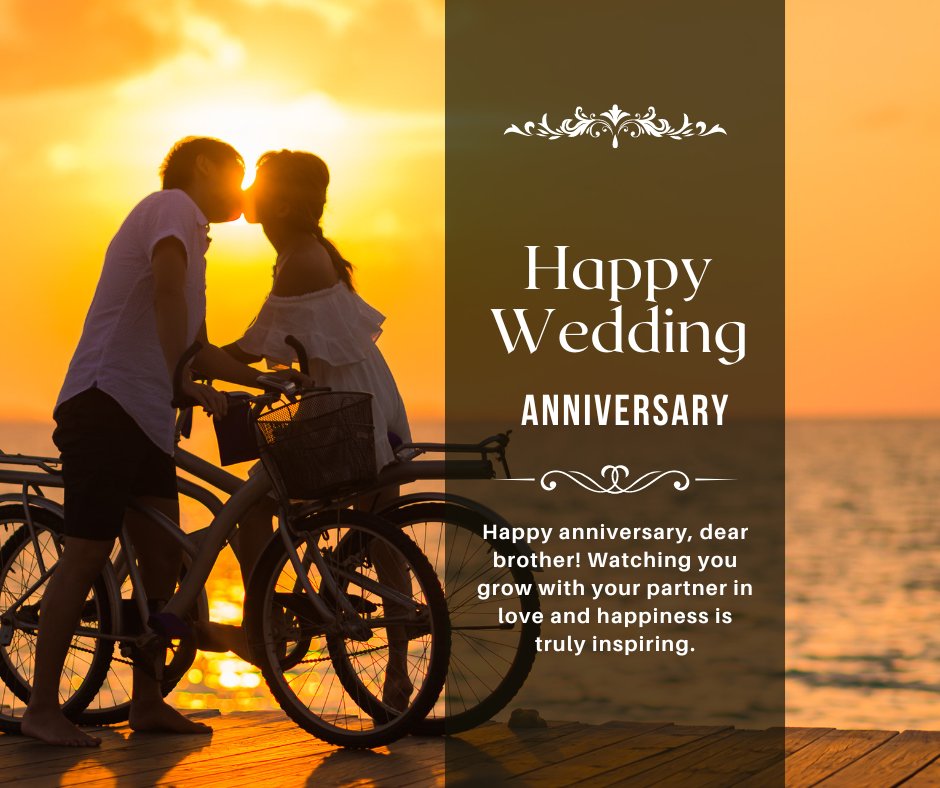 Affectionate Happy Wedding Anniversary Wishes for Brother from Sister featuring a silhouette of a couple kissing at sunset by the sea, with bicycles nearby, symbolizing a journey of love and togetherness.