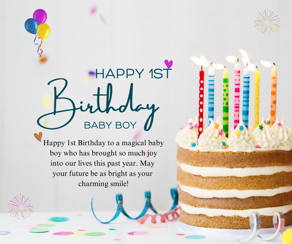 Wishes for Baby Boy’s First Birthday, featuring a colorful cake with lit candles and a cheerful background with balloons and confetti. The image includes a message celebrating the joy the baby boy has brought in his first year, with hopes for a bright and happy future.