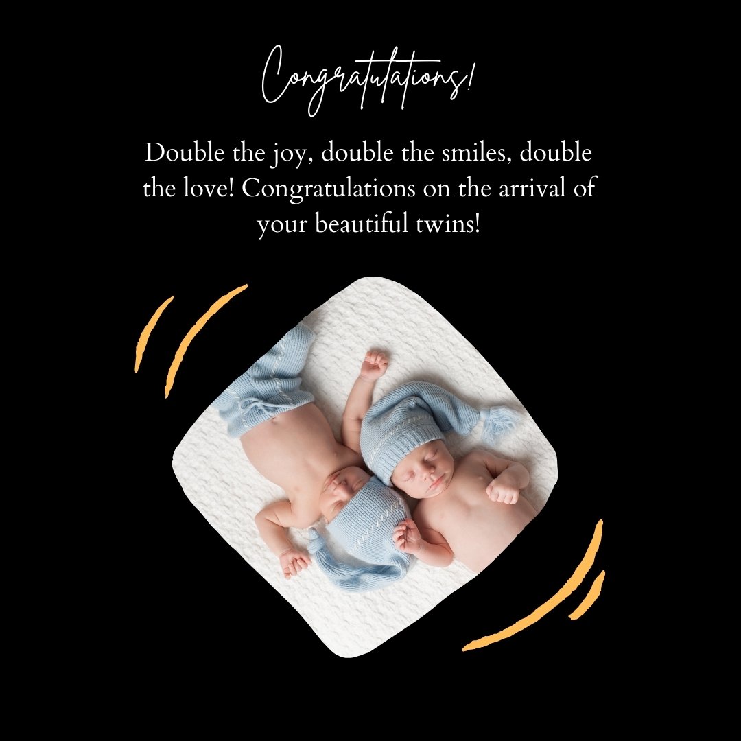 Baby congratulations for new born baby twins card featuring two newborn twins in blue hats and wraps, sleeping peacefully on a white blanket, with celebratory text celebrating their arrival.