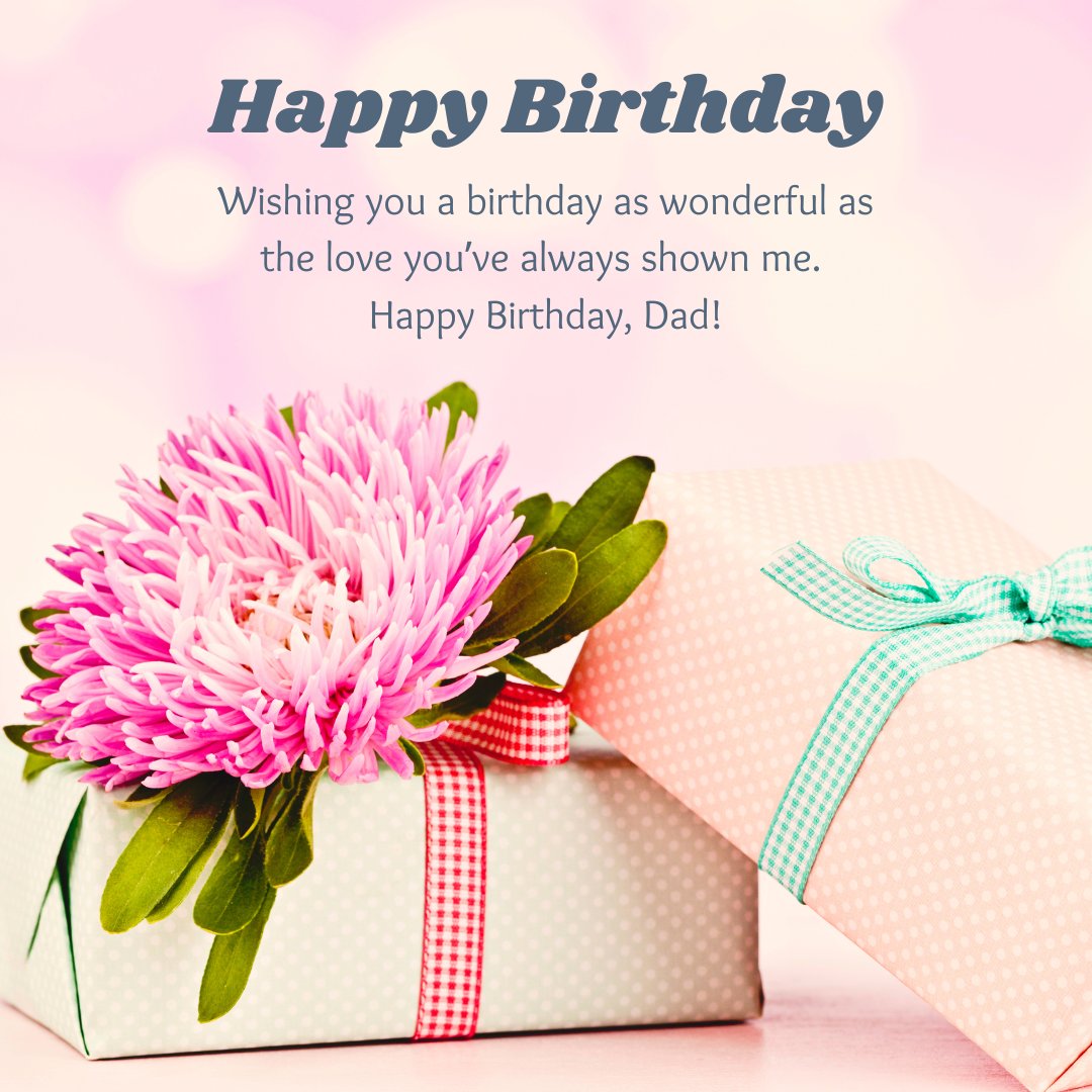 Best Wishes for Father's Birthday card with heartfelt message, a pink chrysanthemum, and a beautifully wrapped gift box, symbolizing love and appreciation.