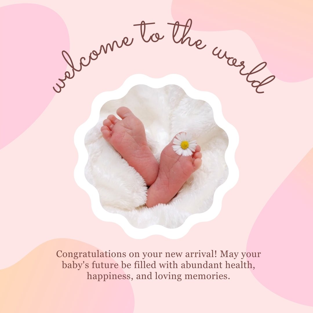 Best wishes for new born baby card featuring close-up of tiny baby feet with a delicate white daisy flower, set against a soft white fur blanket with a pink and peach background