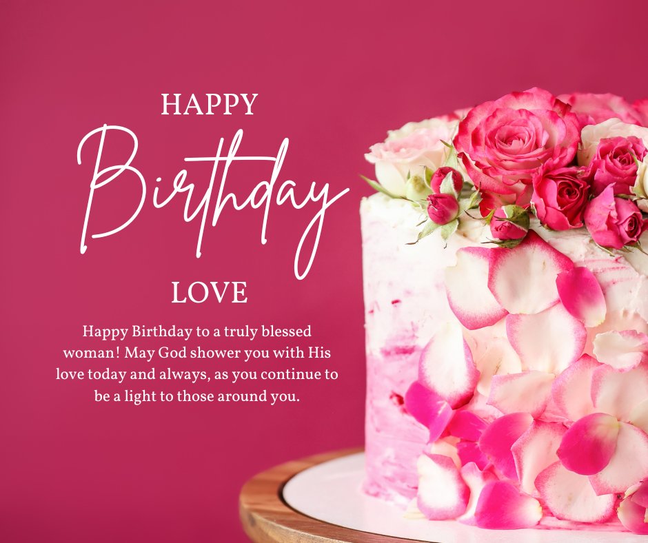 Christian Birthday Wishes For Her with a beautiful pink cake adorned with fresh pink roses on a vibrant pink background, celebrating a truly blessed woman.