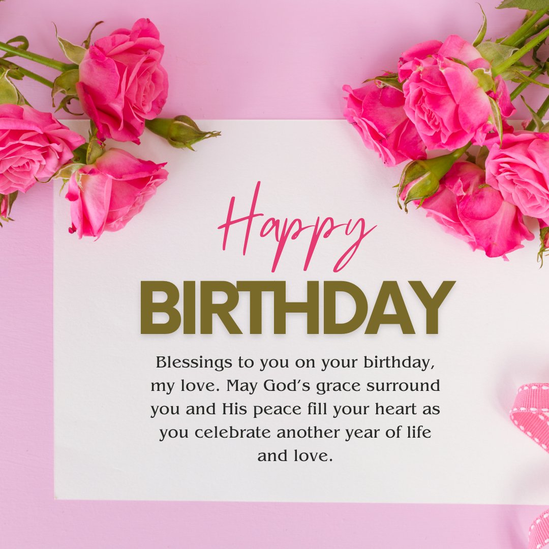 Christian Birthday Wishes For Him with a heartfelt message surrounded by vibrant pink roses on a pink background.