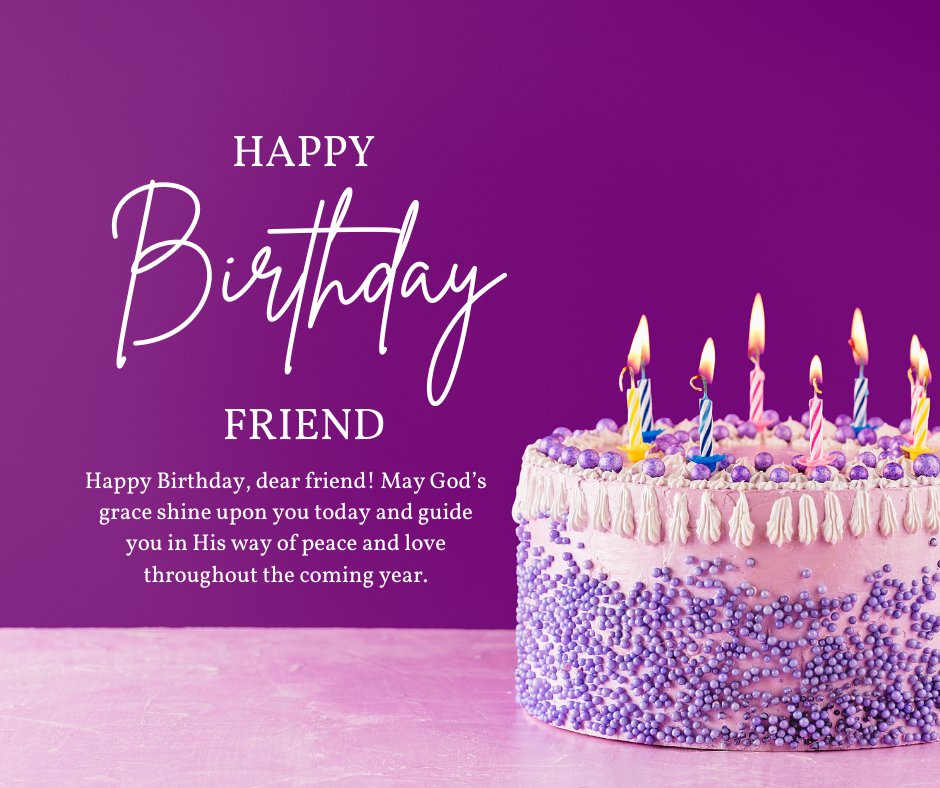 Christian Birthday Wishes for Friend with a purple-themed birthday cake adorned with lit candles and message of God’s guidance.