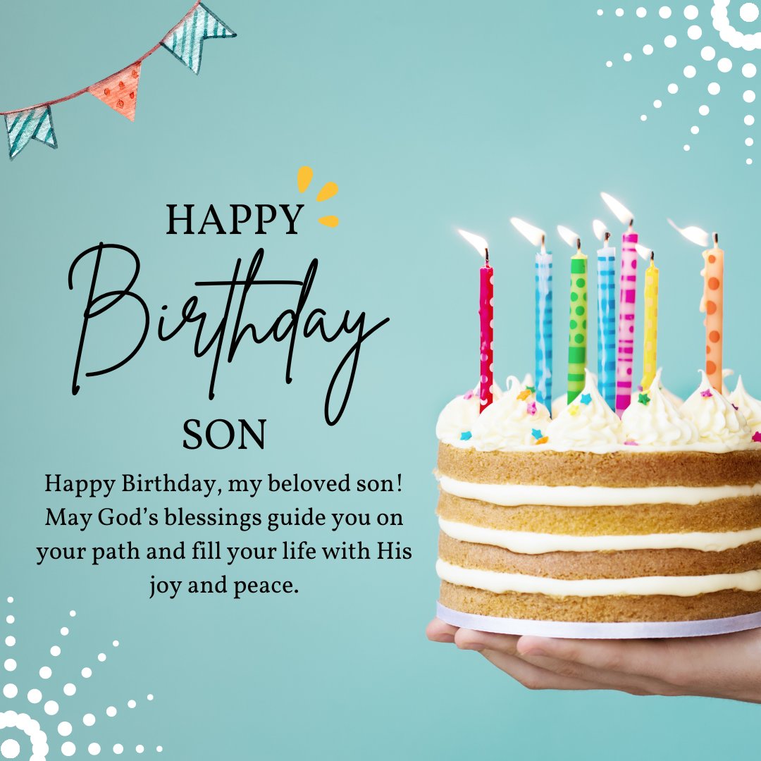 Christian Birthday Wishes for Son featuring a colorful birthday cake with candles held by hands against a teal background with festive decorations.