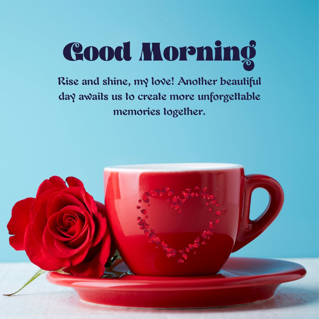 Good Morning Messages for Husband with a romantic red coffee cup adorned with heart-shaped beads and a vibrant red rose on a blue background, symbolizing love and affection.