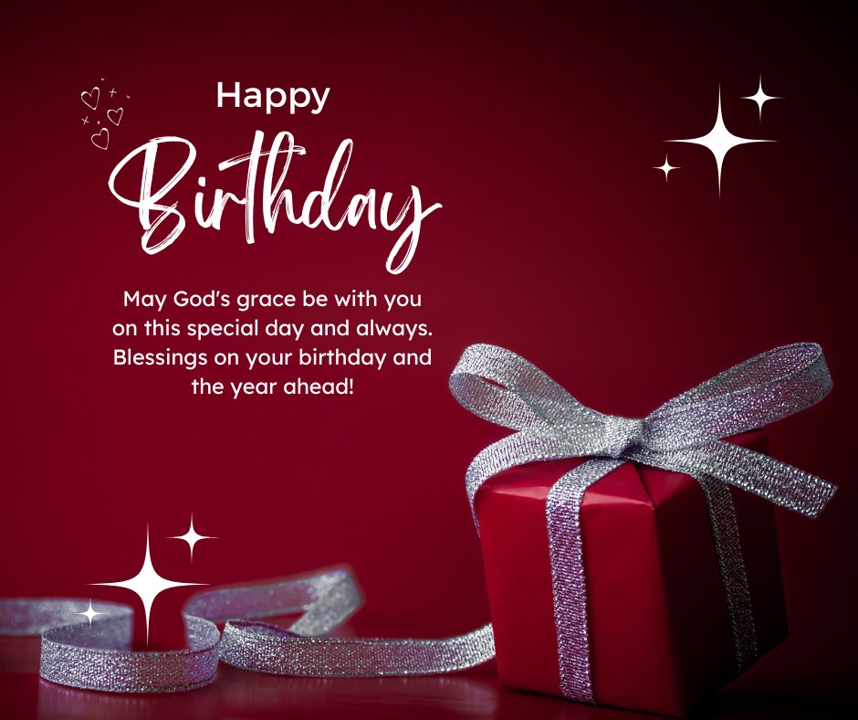 Happy Birthday greeting with Christian blessings, featuring a silver ribbon-wrapped red gift box against a deep red background with shimmering stars and elegant script.